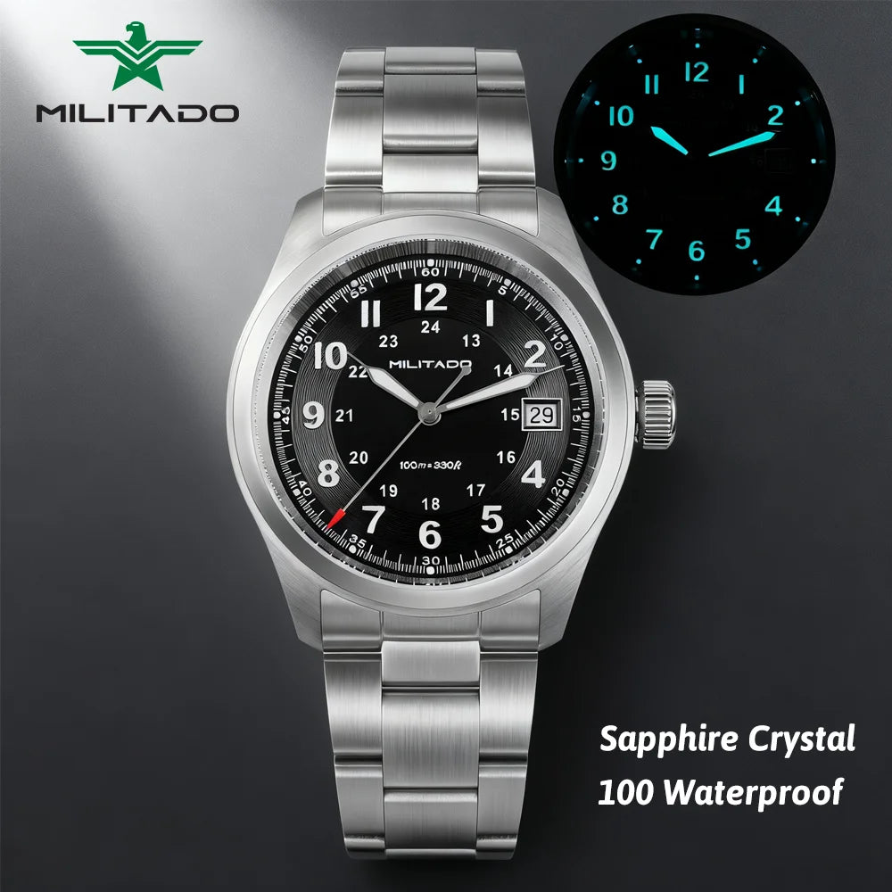 Militado ML08 Vintage Quartz Watch Ronda 515 Movement Ar Sapphire Mirror 38Mm Wrist Watch Date Super Luminous Waterproof Watches