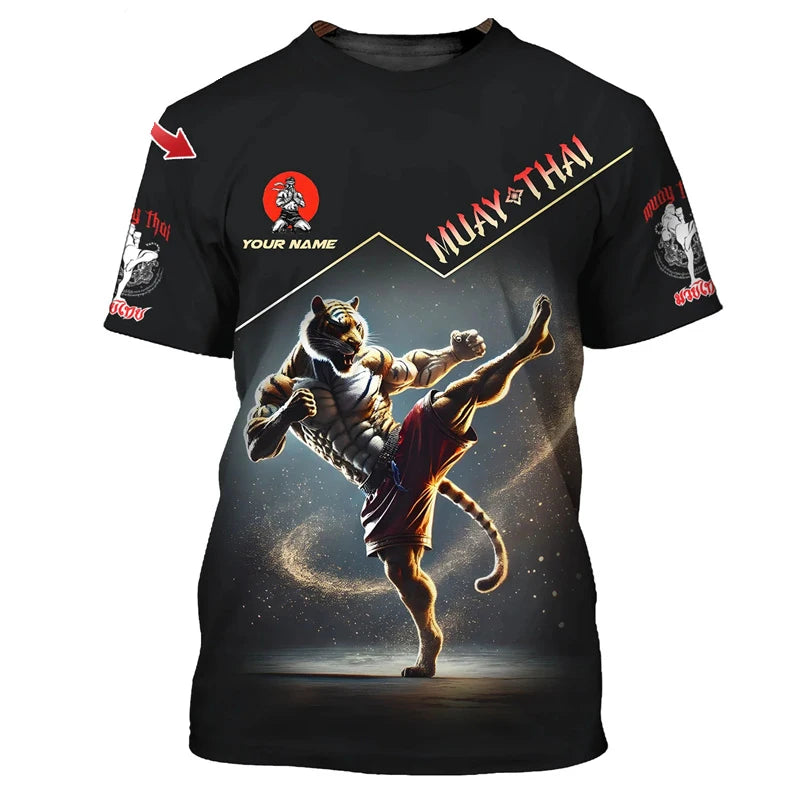 Cool ny Muay Thai-grafisk T-shirt til mænd, 3D-print med tiger- og dragemotiv, personlighed, tilpasset navn, T-shirt til sommer, træning og fitness