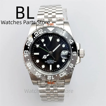 BLIGER 40mm NH34 GMT Watch For Men With Black Gray Ceramic Bezel Sapphire Glass Green Gmt Hands Green GMT Text Jubilee Bracelet