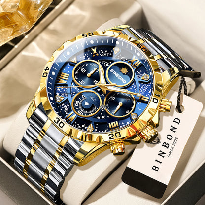 Montres à quartz de marque originale BINBOND pour hommes, montre chronographe de luxe lumineuse en acier inoxydable pour hommes, montre élégante pour hommes