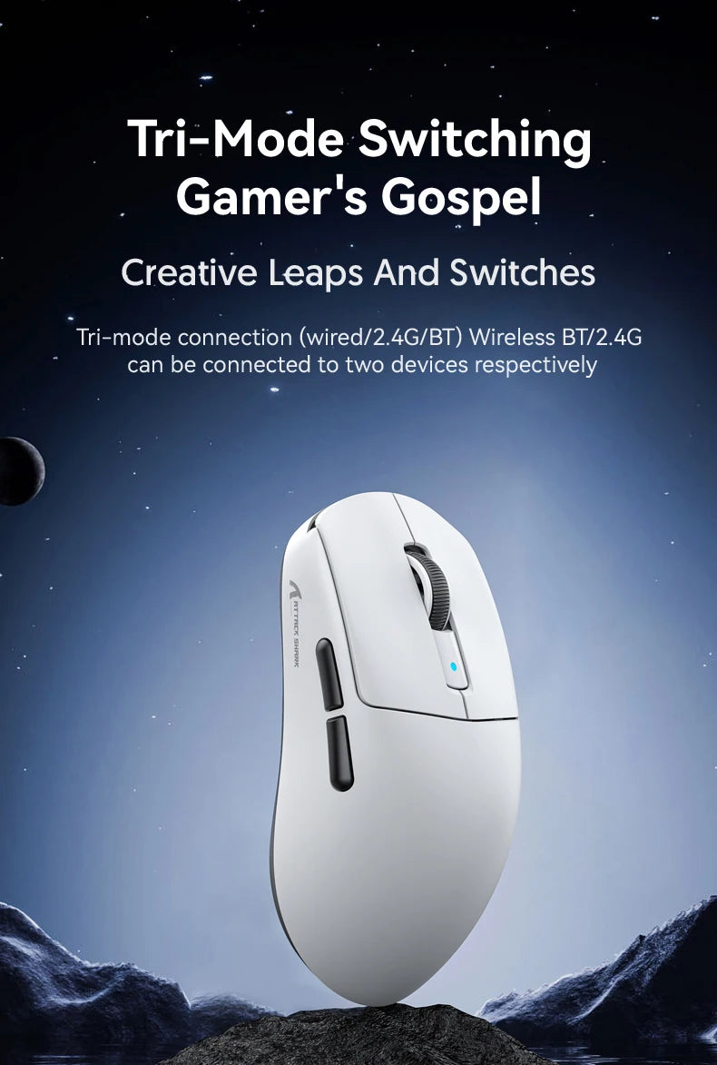 Mouse gaming Attack Shark R6 ultra leggero 38g, wireless PAW3950 con frequenza di polling 8K, Nordic 52840, 24000DPI, tri-mode