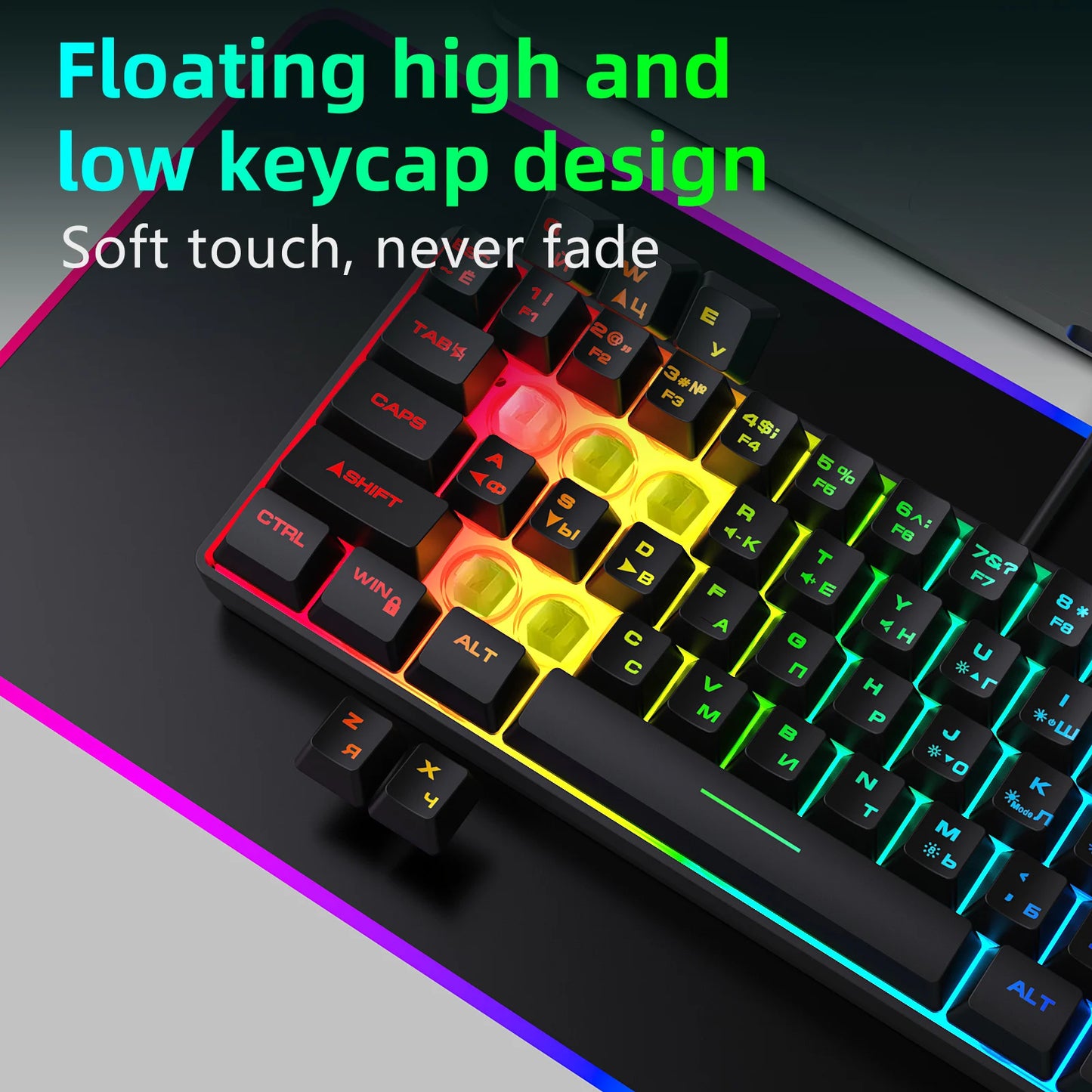 Gaming Keyboard,Russian/English RGB Backlit 61 Key Ultra-Compact Keyboard, Waterproof Mechanical Feeling Office aming Keyboards