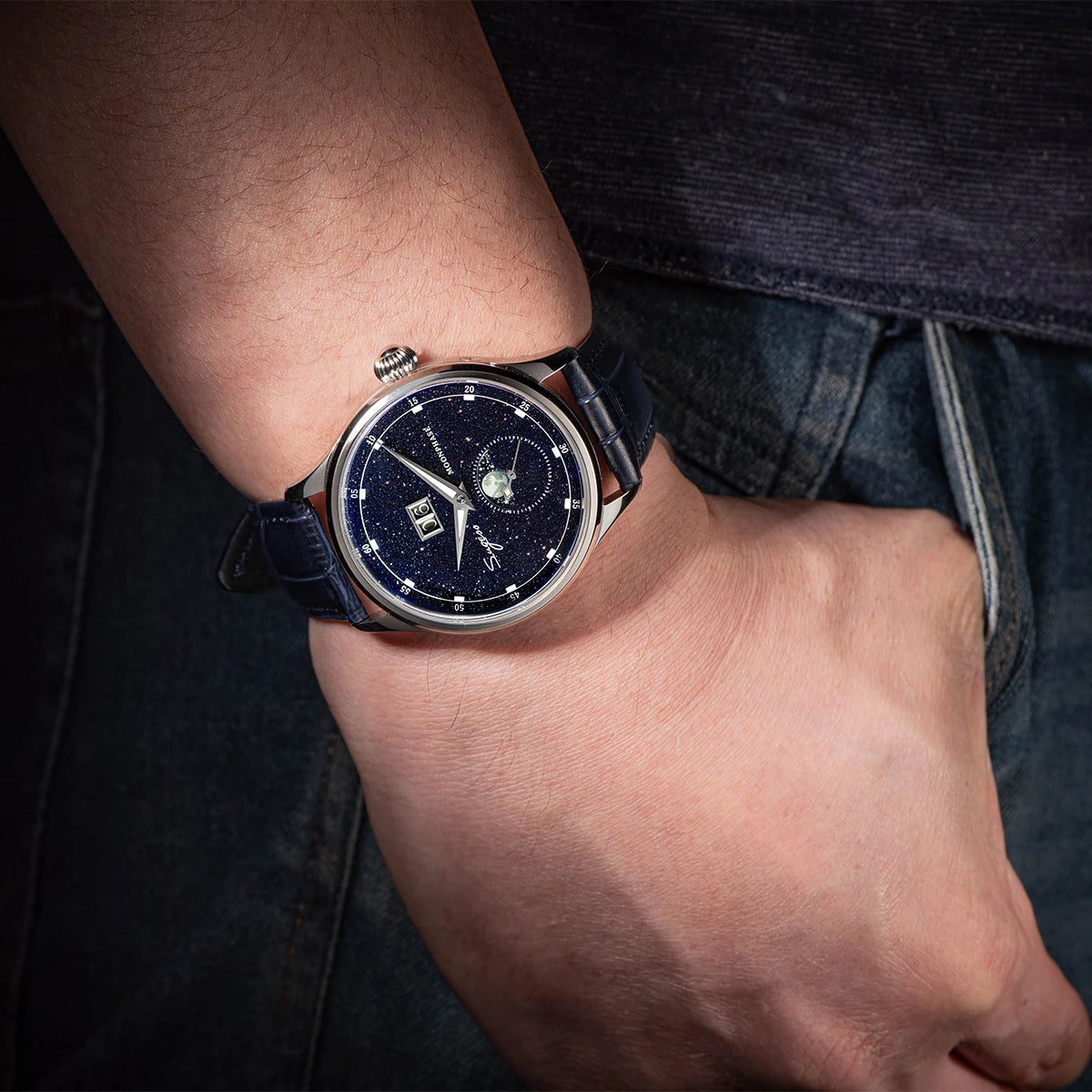 Sugess 2022 Luxury Man Watch Moonphase Blue GoldStone Dial Tianjin 2528 Movement Stainless Steel Starry Sky Limited Edition V3