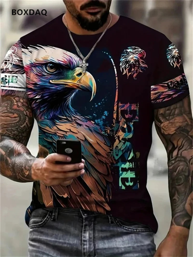 Fashion Eagle Herren-T-Shirts, locker, Rundhalsausschnitt, lässige Oberteile, Kurzarm, 3D-Tierprint, Street-T-Shirt, 6XL Übergröße, atmungsaktives Tee
