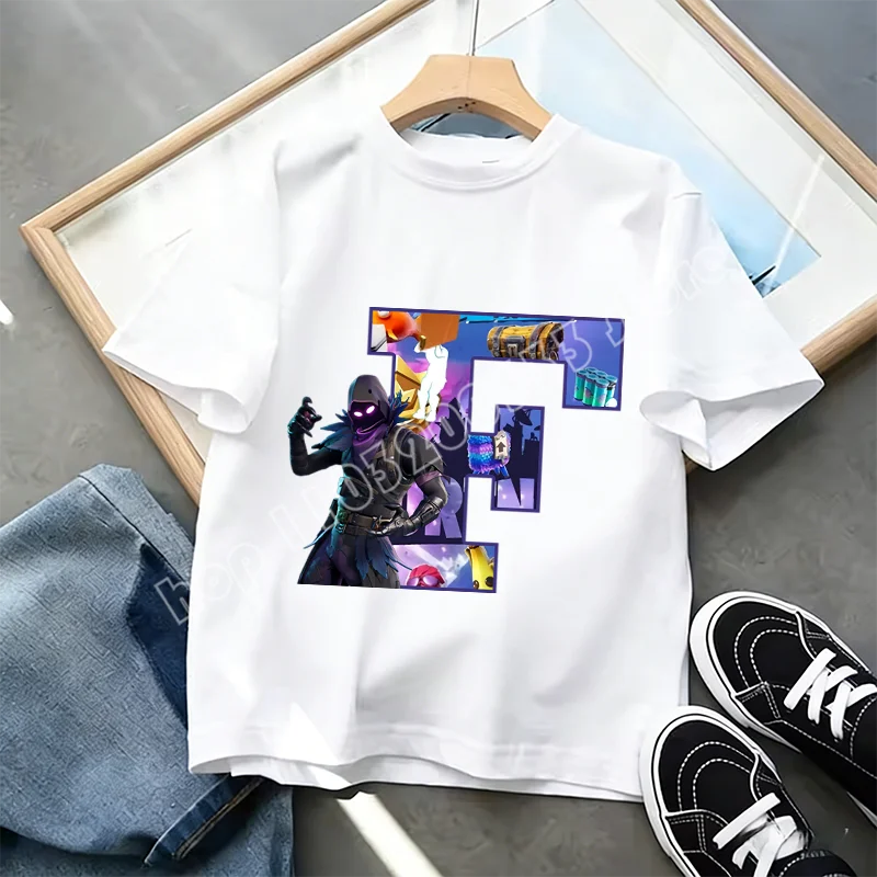 Тениска Fortnite A-Z Alphabet Print за деца, лятна бяла дреха, популярна тениска с анимационна игра, модерен ежедневен топ с къс ръкав, подарък