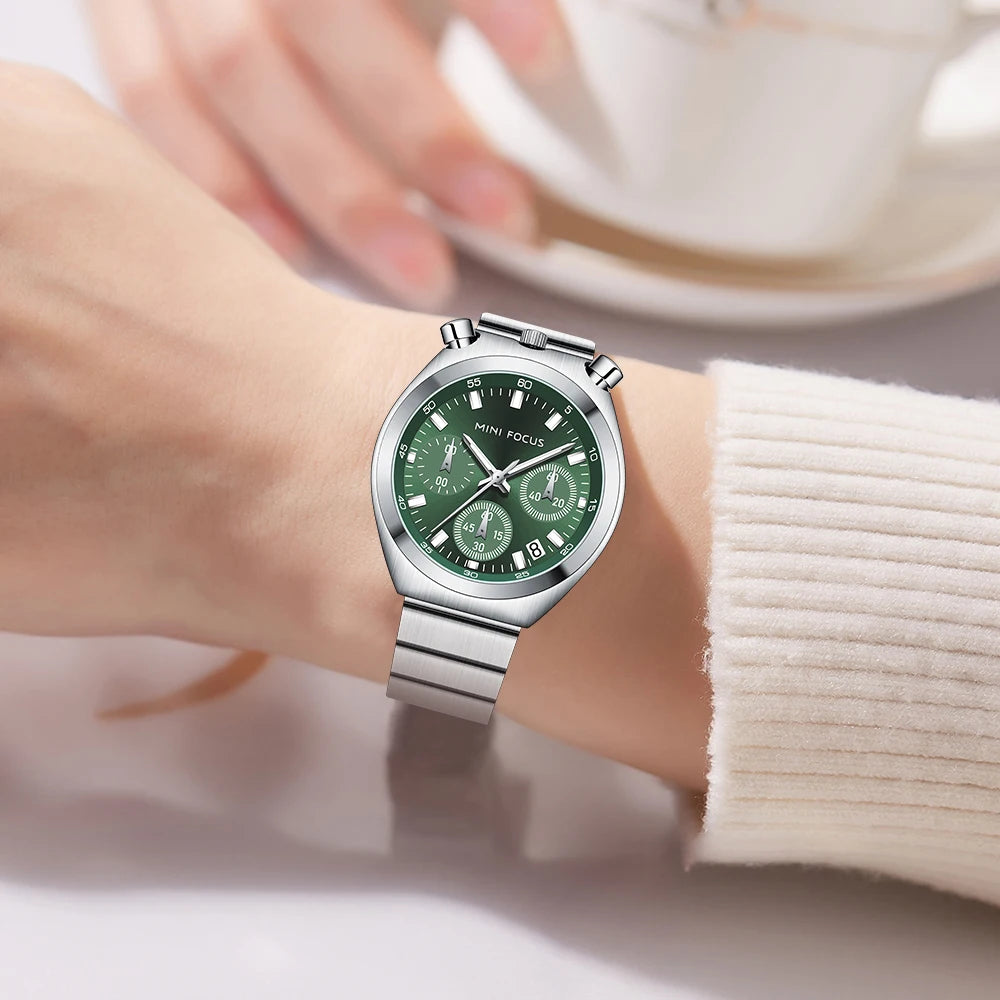 MINI FOCUS Women’s Luxury Quartz Watch – Stainless Steel Strap, Multifunction Dial & Luminous Design