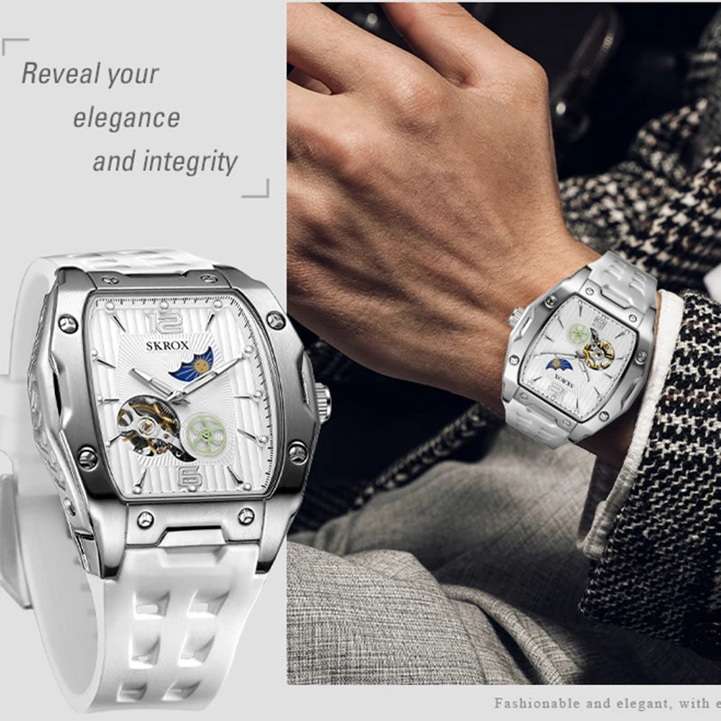 SKROX Designer Luxury Moon Phase Toubillon Automatic Movement Mechanical Clock High Quality Waterproof Silicone Men's Watches