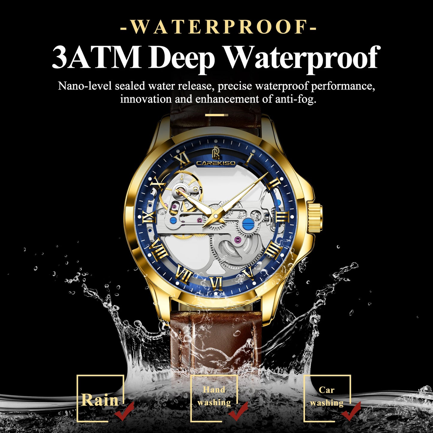 CAREKISO Fashion Men's Watches Original Mechanical Leather Men Clock Waterproof Hollow Tourbillon Automatic Man Watch Reloj Male