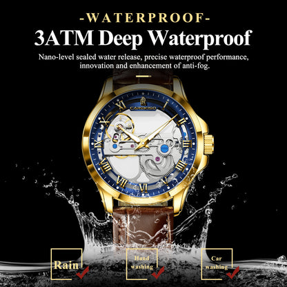CAREKISO Fashion Men's Watches Original Mechanical Leather Men Clock Waterproof Hollow Tourbillon Automatic Man Watch Reloj Male
