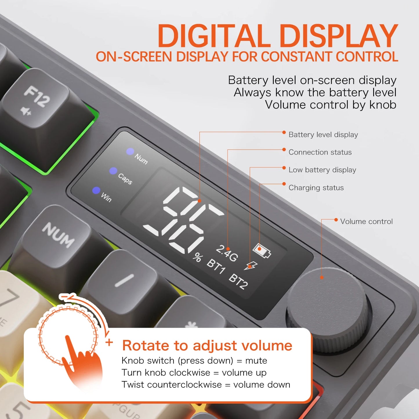 M96 Bluetooth Wireless Keyboard FREEWOLF Digital Display,RGB Backlight,2000mAh Battery & PBT Keycaps for PC/Laptop