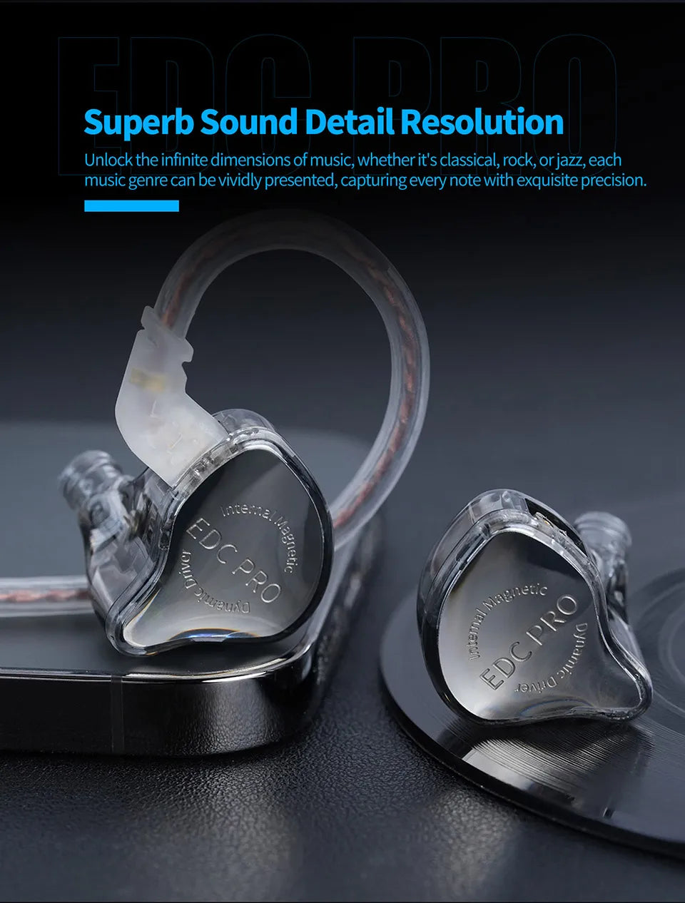 KZ EDC Pro Wired In-Ear Earphones with Large Dynamic Drivers, HiFi Monitor Bass Earphones, Detachable Cable, Noise Isolating Wired Headphones with Microphone