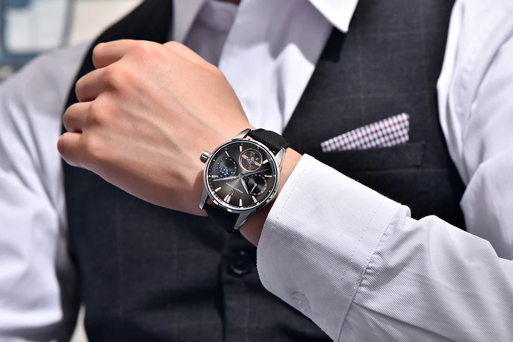 PAGANI DESIGN – Mechanische Luxusuhr für Herren, 41 mm, Saphirglas, Lederarmband, wasserdicht, Pilotenstil, mit Tourbillon und Mondphase