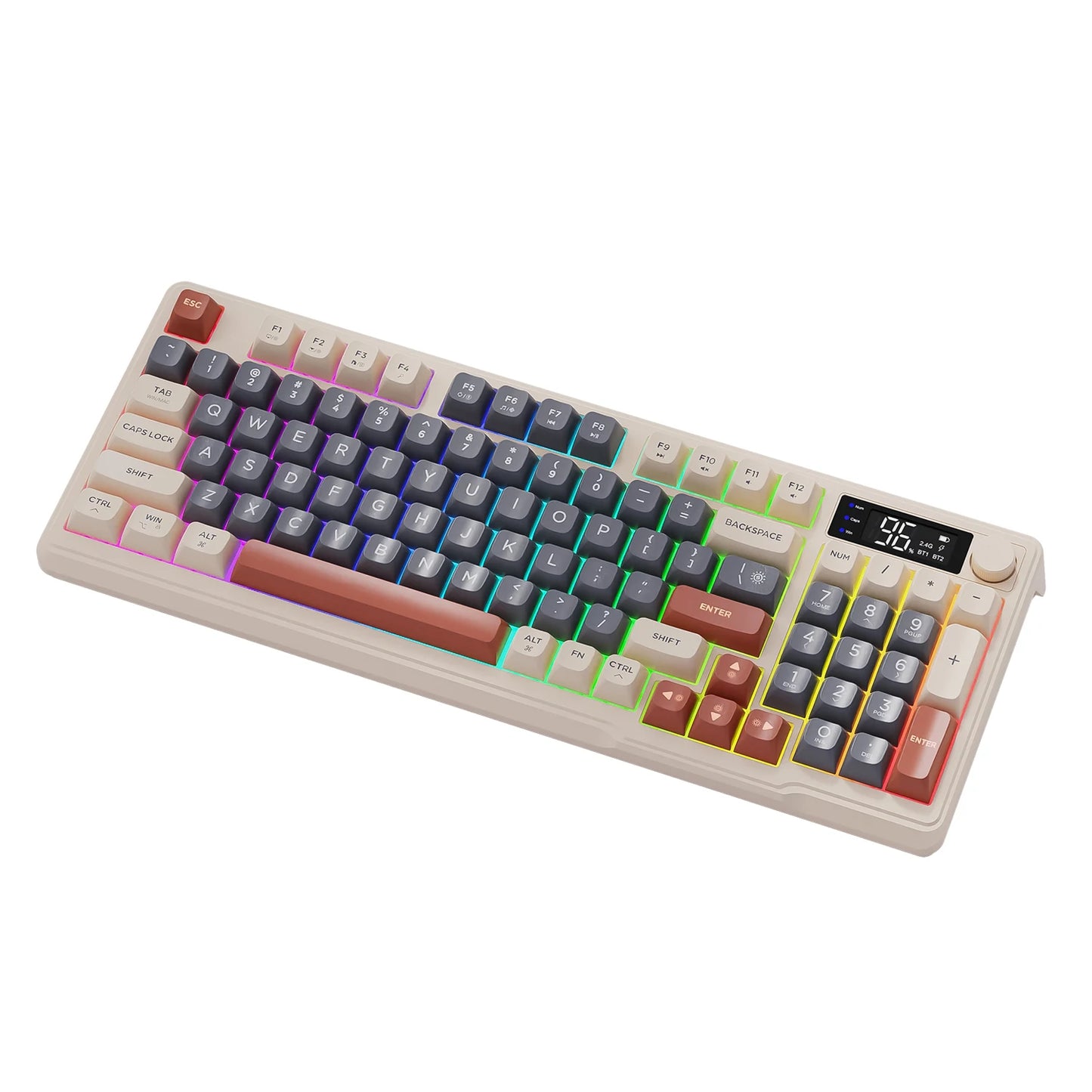 M96 Bluetooth Wireless Keyboard FREEWOLF Digital Display,RGB Backlight,2000mAh Battery & PBT Keycaps for PC/Laptop