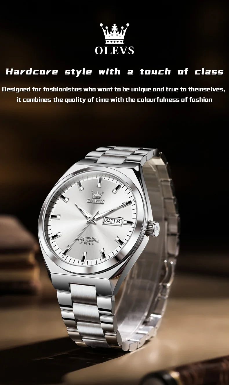 OLEVS Wristwatches Silver Gray Dial Automatic Mechanic Wrist Watch for Men Casual Sports Clock with Luminous relogios masculino