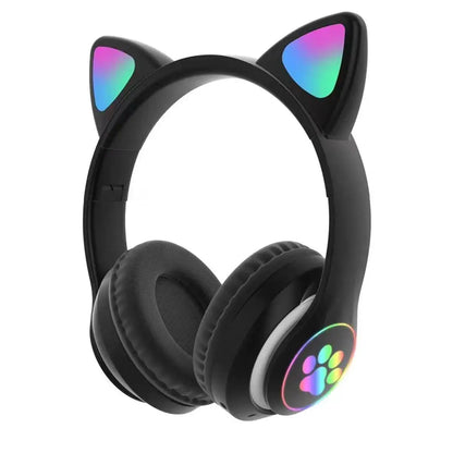 Casque Bluetooth avec oreilles de chat mignonnes, casque sans fil LED supra-auriculaire avec micro, casque stéréo pliable pour filles, enfants, jeux et voyages