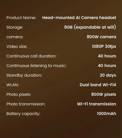 Casque audio supra-auriculaire intelligent avec caméra HD 8MP, reconnaissance d'objets par IA, traduction par IA, casque Bluetooth pour les voyages et les études