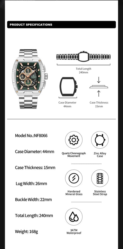 NAVIFORCE Top Brand Men's Watches Luxury Tonneau Quartz Wristwatch Waterproof Chronograph Watch for Men 2025 Auto Date Clock