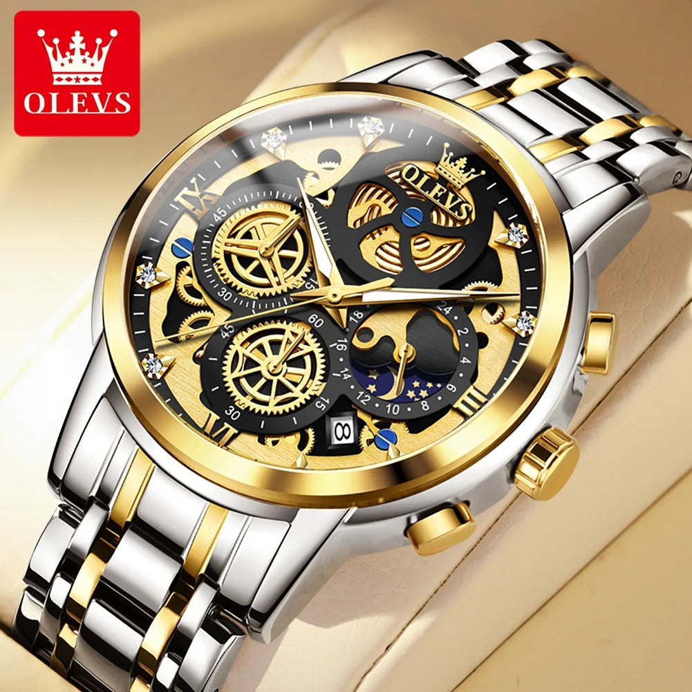 OLEVS Herrenuhr – Luxusmodell, wasserdicht, Quarzwerk, Skelett-Design, 24-Stunden-Anzeige (Tag/Nacht), goldfarben