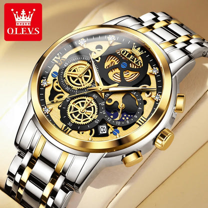 OLEVS Herrenuhr – Luxusmodell, wasserdicht, Quarzwerk, Skelett-Design, 24-Stunden-Anzeige (Tag/Nacht), goldfarben