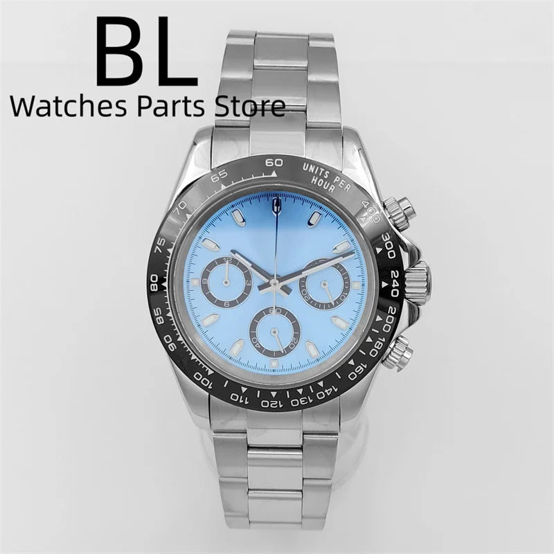 BLIGER 39mm VK63 Men's Quartz Chronograph Watch Ceramic Brown Insert Ice Blue Dial With C3 Luminous Sapphire Crystal Waterproof