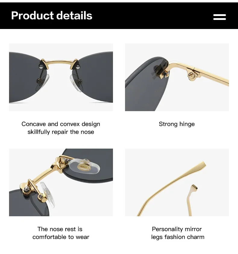 3set Women Fashion Brand Rimless Sunglasses Retro Small Oval Alloy Elegant Gradient Sun Glasses Outdoor Travel Shades Glasses