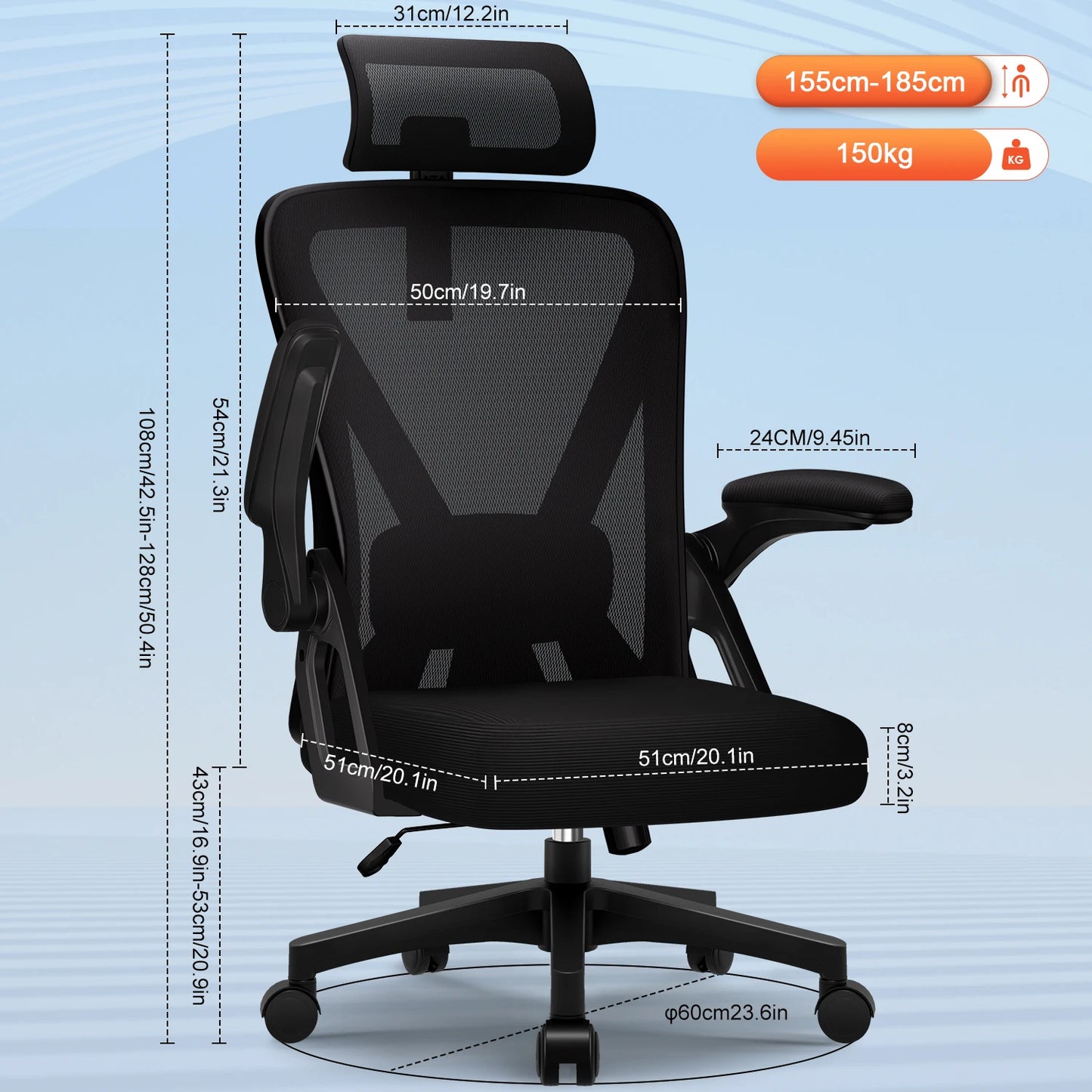 Ergonomic Office Chair with Adjustable Lumbar Support, Reclining Computer Desk Chair 90°-135°, Adjustable Headrest & Flip-Up Armrests