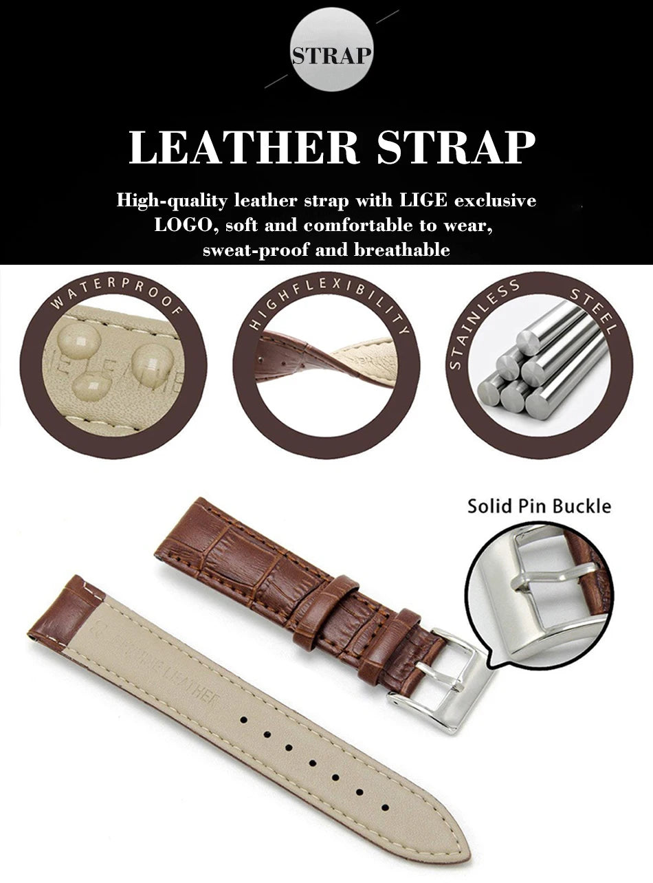 LIGE Luxury Man Wristwatch Waterproof Luminous Chronograph Watch for Men Leather Strap Men's Quartz Watches Reloj Hombre+Box