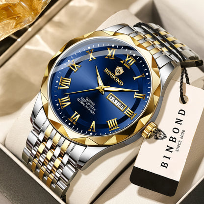 Luxe BINBOND Original Brand quartz-polshorloge voor heren, verlicht, waterdicht, automatische datum, weergave van de weekdag, casual stijl.