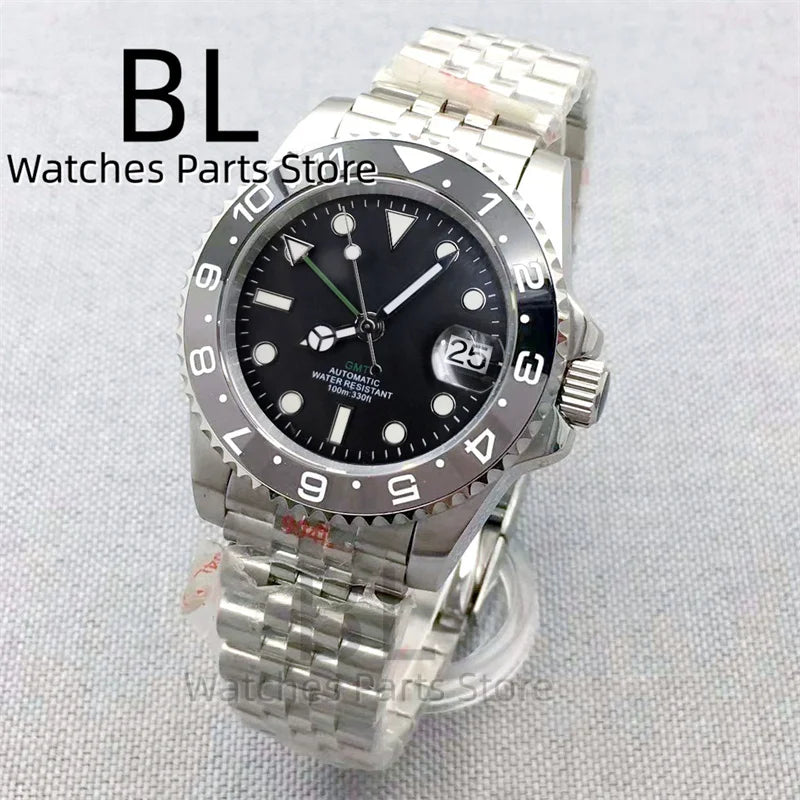 BLIGER 40mm NH34 GMT Watch For Men With Black Gray Ceramic Bezel Sapphire Glass Green Gmt Hands Green GMT Text Jubilee Bracelet