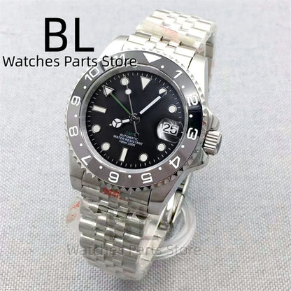 BLIGER 40mm NH34 GMT Watch For Men With Black Gray Ceramic Bezel Sapphire Glass Green Gmt Hands Green GMT Text Jubilee Bracelet