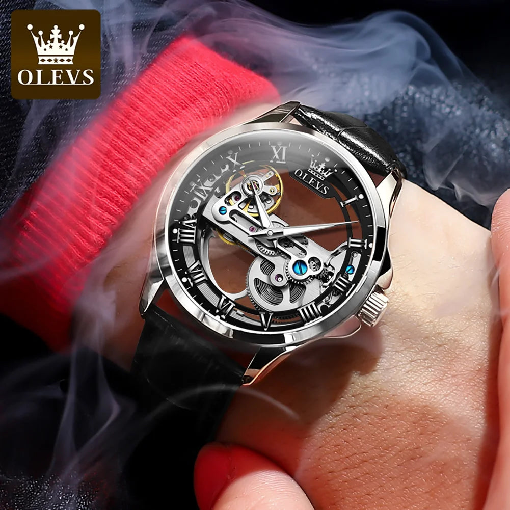 Reloj mecánico automático para hombre OLEVS 6661 – Modelo esqueleto totalmente transparente con volante a la vista, correa de piel, reloj de lujo original para hombre