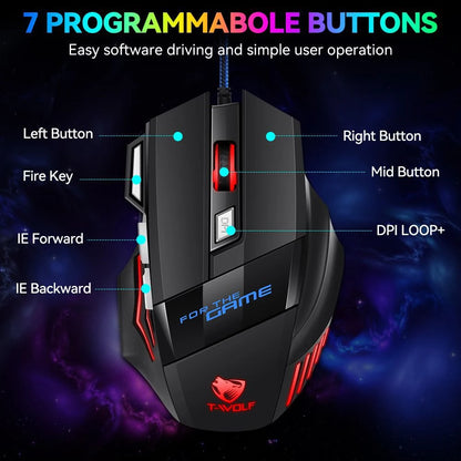 KEBIDUMEI Wired Gaming Mouse 7 Buttons RGB Backlit Mouse Ergonomic USB Mouse 2400 DPI 3 Level DPI For PC Laptop Windows Mac OS