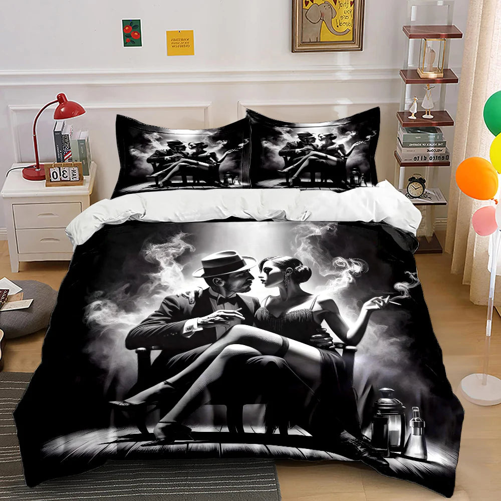 Couple in black-and-white smoky scene Bedding Set for Kids Luxury Gift 3pcs Digital Print Comforter Set Soft Comfortable