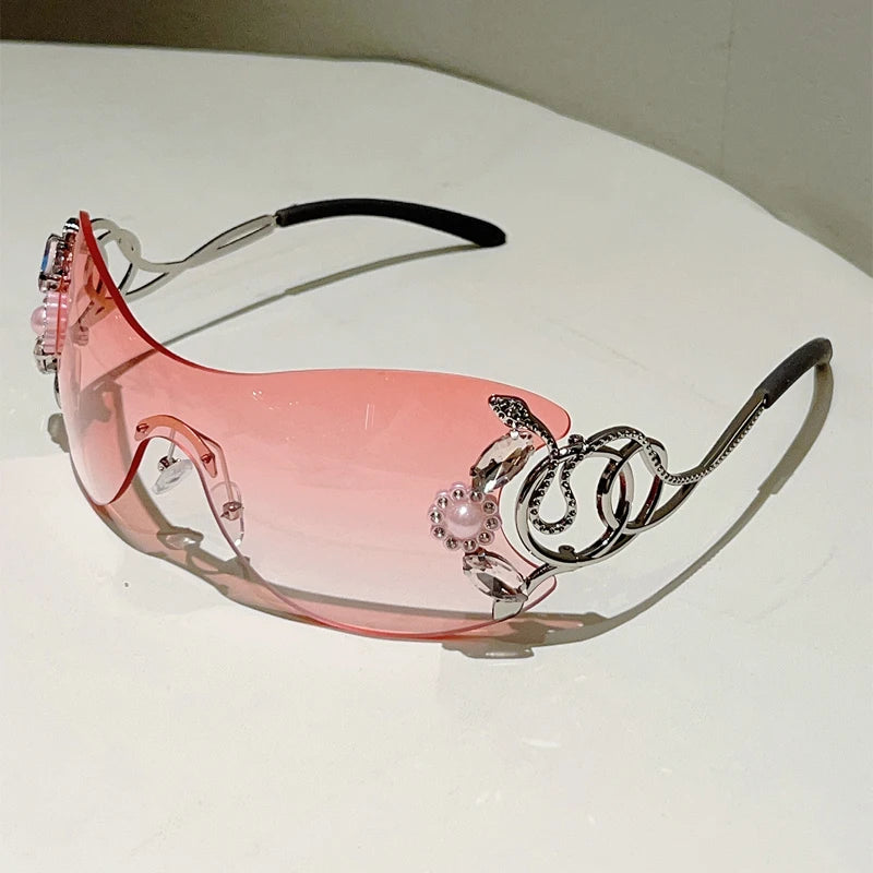 KAMMPT Rimless Y2k Sunglasses with Rhinestones Women Fashion Monoblock Outdoor Decor Shades Trendy Design Gradient Sun Glasses