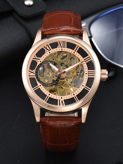 Automatikuhr für Herren, Luxusausführung, Zifferblatt mit römischen Ziffern, sichtbares Uhrwerk (Skelett), wasserdicht, leuchtende Zeiger, Lederarmband – Eine ideale Wahl als Geschenk.
