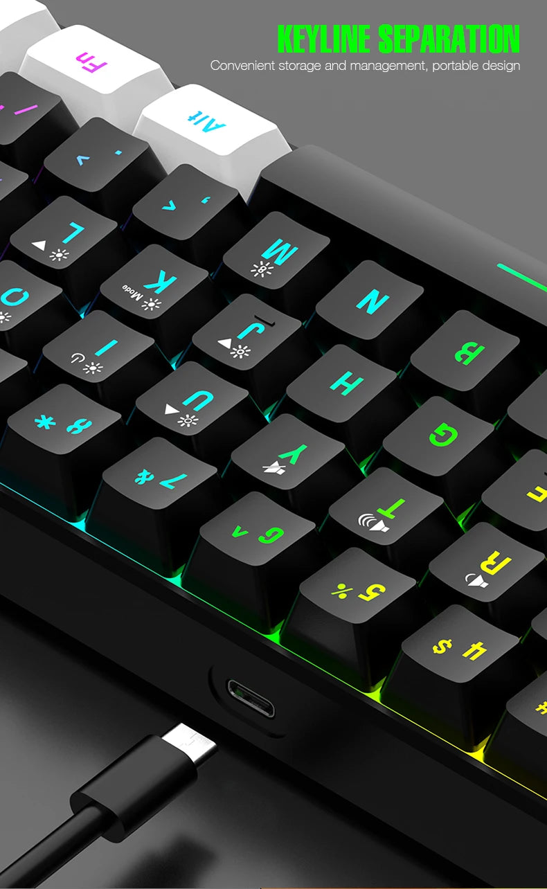 Tastiera meccanica cablata 61 tasti bianca, switch nero e blu, impermeabile, RGB illuminata, kit gaming e ufficio PUBG gamer retroilluminato