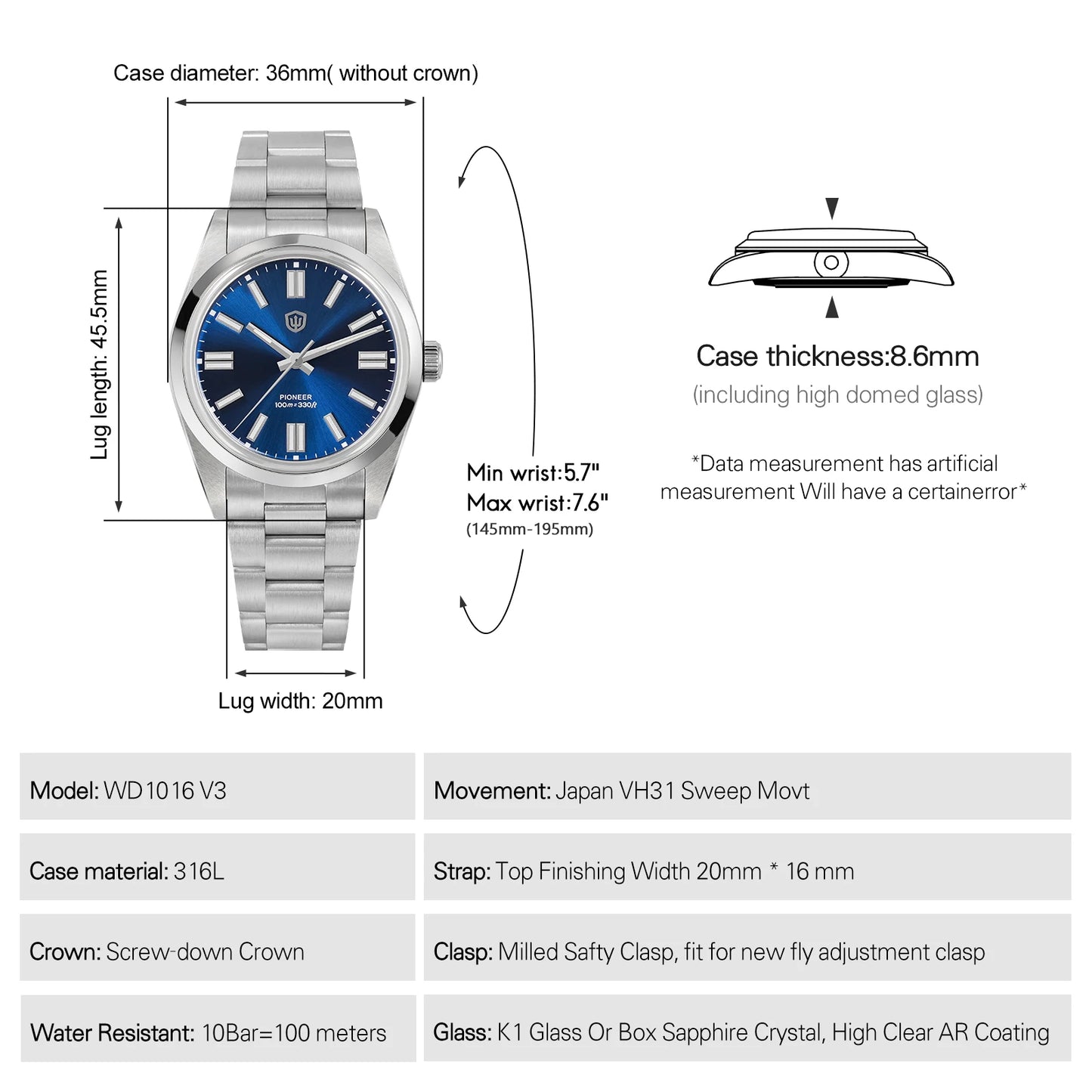 Watchdives WD1016 V3 Watch 37mm VH31 Sweep Quartz Movemet Stainless Steel Watch Waterproof Luminous Sapphire Men Wristwatch