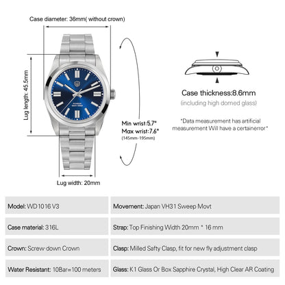 Watchdives WD1016 V3 Watch 37mm VH31 Sweep Quartz Movemet Stainless Steel Watch Waterproof Luminous Sapphire Men Wristwatch