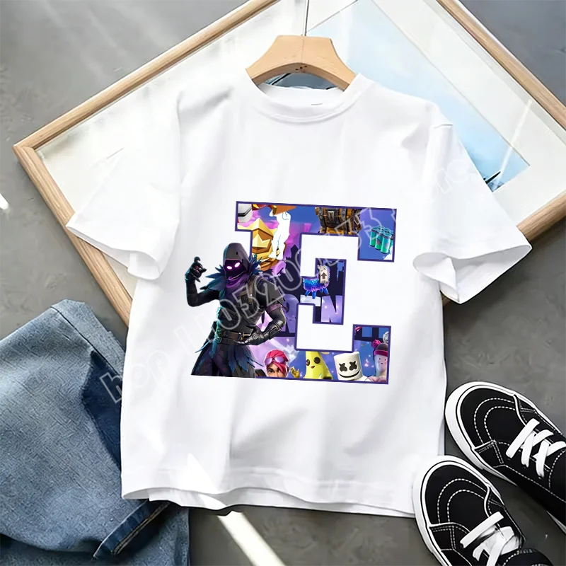 Тениска Fortnite A-Z Alphabet Print за деца, лятна бяла дреха, популярна тениска с анимационна игра, модерен ежедневен топ с къс ръкав, подарък