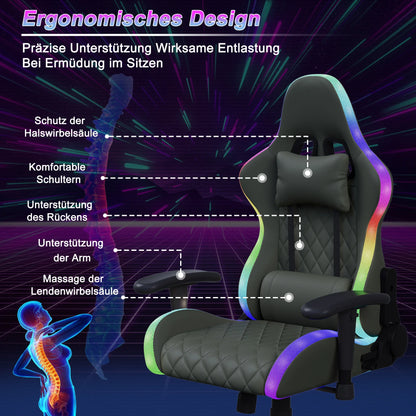 LED Gaming Chair - Ergonomic Office Chair with Massage Function, Adjustable Backrest (90-135°), for Gamers up to 150 kg, Black