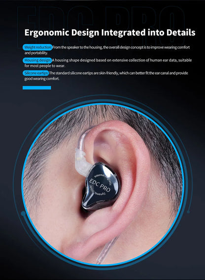 KZ EDC Pro Wired In-Ear Earphones with Large Dynamic Drivers, HiFi Monitor Bass Earphones, Detachable Cable, Noise Isolating Wired Headphones with Microphone