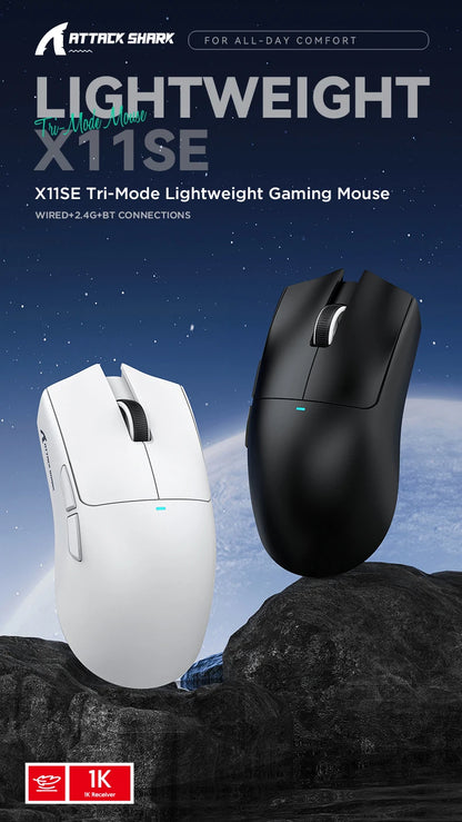 Mouse da gaming ATTACK SHARK X11 e mouse wireless X11 SE 22000 DPI, sensore PAW3311, BT/2.4G/cablato, ultraleggero 59g, 2000W clic