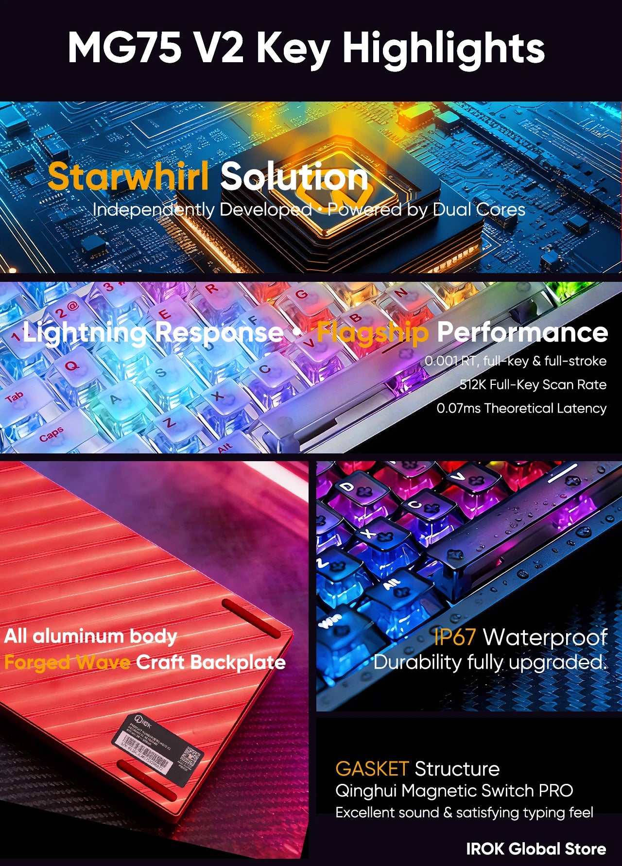 IROK MG75 V2 MG75V2 Aluminum Magnetic Gaming Mechanical Keyboard Rapid Trigger 0.07ms 8KHz 0.001mm 512K Scan rate Gamer Keyboard