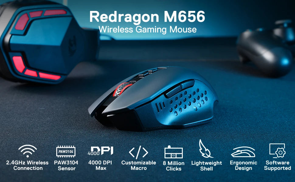 Redragon M656 Gainer Ασύρματο Gaming Ποντίκι, 4000 DPI 2.4Ghz Ασύρματο Ποντίκι Gamer με 5 Επίπεδα DPI, 7 Κουμπιά Macro, Κόκκινος Φωτισμός LED