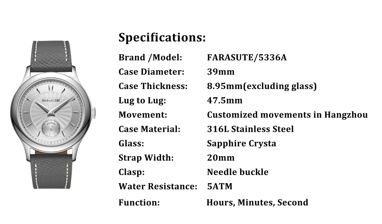 FARASUTE Luxury Mechanical Watch 316L Stainless Steel Case Hangzhou Customized Movement Small Second Hand Dial reloj hombre Gift