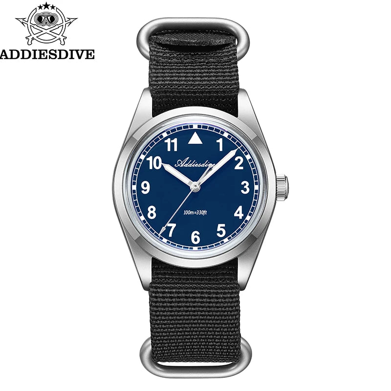 Orologio analogico da uomo ADDIESDIVE 36mm con vetro a specchio bombato, impermeabile 100m, luminoso, semplice, al quarzo, con cinturino in nylon