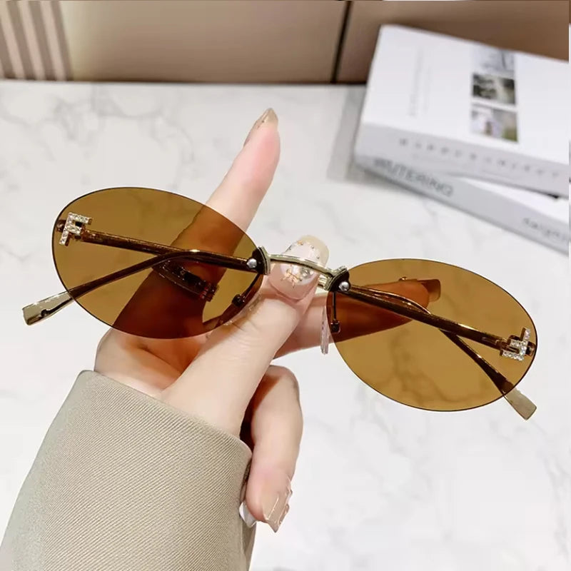 3set Women Fashion Brand Rimless Sunglasses Retro Small Oval Alloy Elegant Gradient Sun Glasses Outdoor Travel Shades Glasses