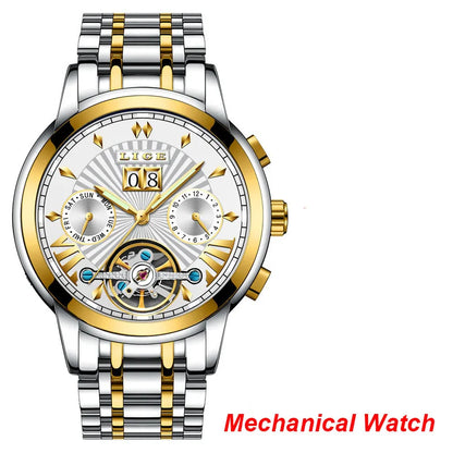 Montres-bracelets mécaniques automatiques pour hommes LIGE – Montre de luxe haut de gamme avec tourbillon, modèle élégant et étanche, idéal pour le travail ou les occasions formelles.