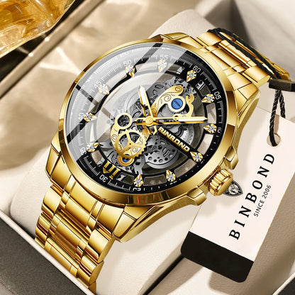 Montre-bracelet à quartz vintage ajourée BINBOND pour homme, lumineuse, étanche, précise et durable, style décontracté.