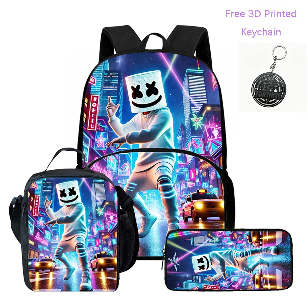 3-teiliges FORTNITE Cartoon-Schulset mit leichtem Rucksack, Fronttasche, Lunchbox und Federmäppchen für Kinder von 5-9 Jahren + kostenloser 3D-gedruckter Schlüsselanhänger